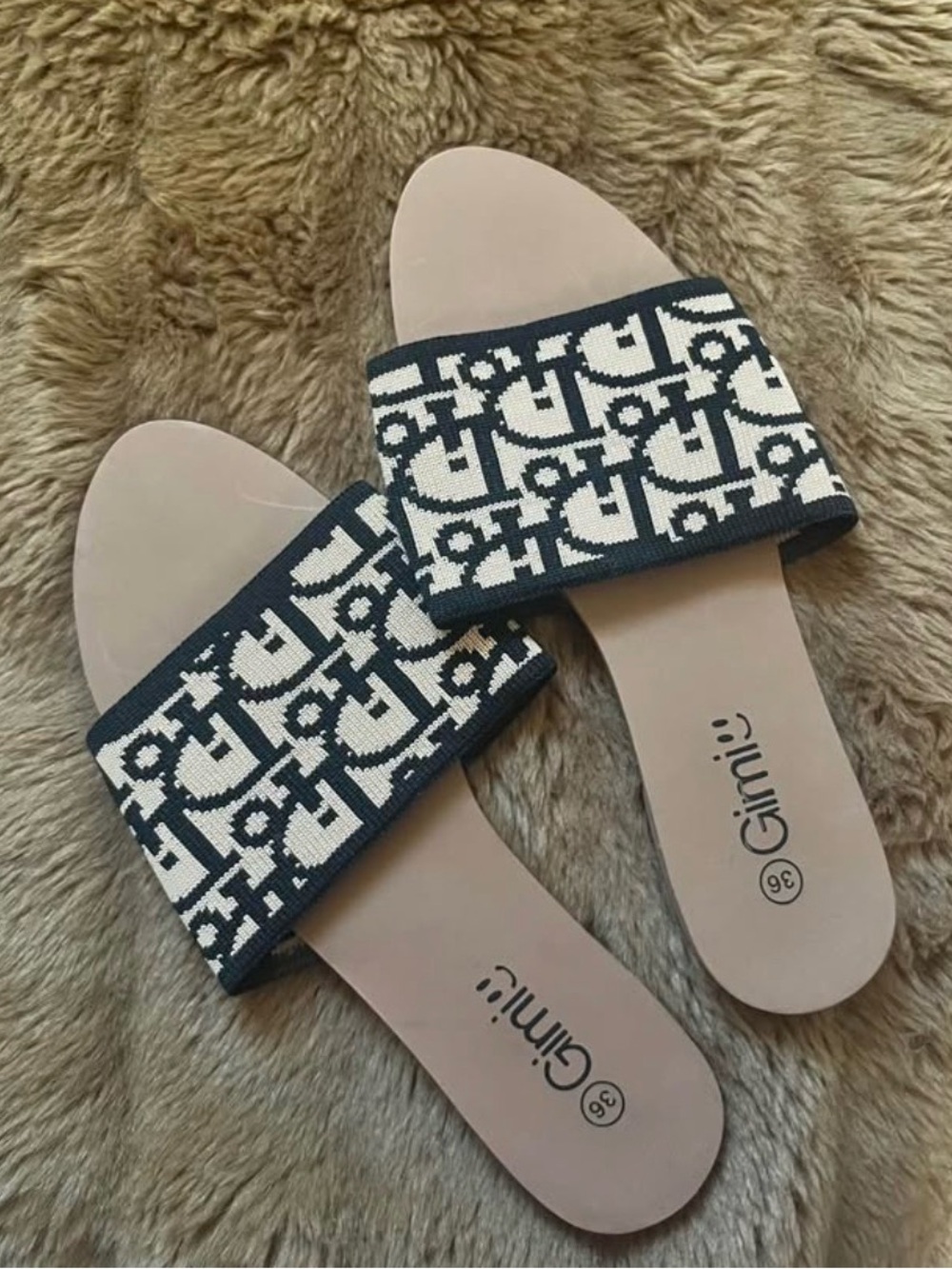 Black & Beige Patterned Slide Sandals